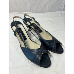 John Jerro Heel pump sandal Navy Leather Open Toe ankle strap 9 luxury vintage